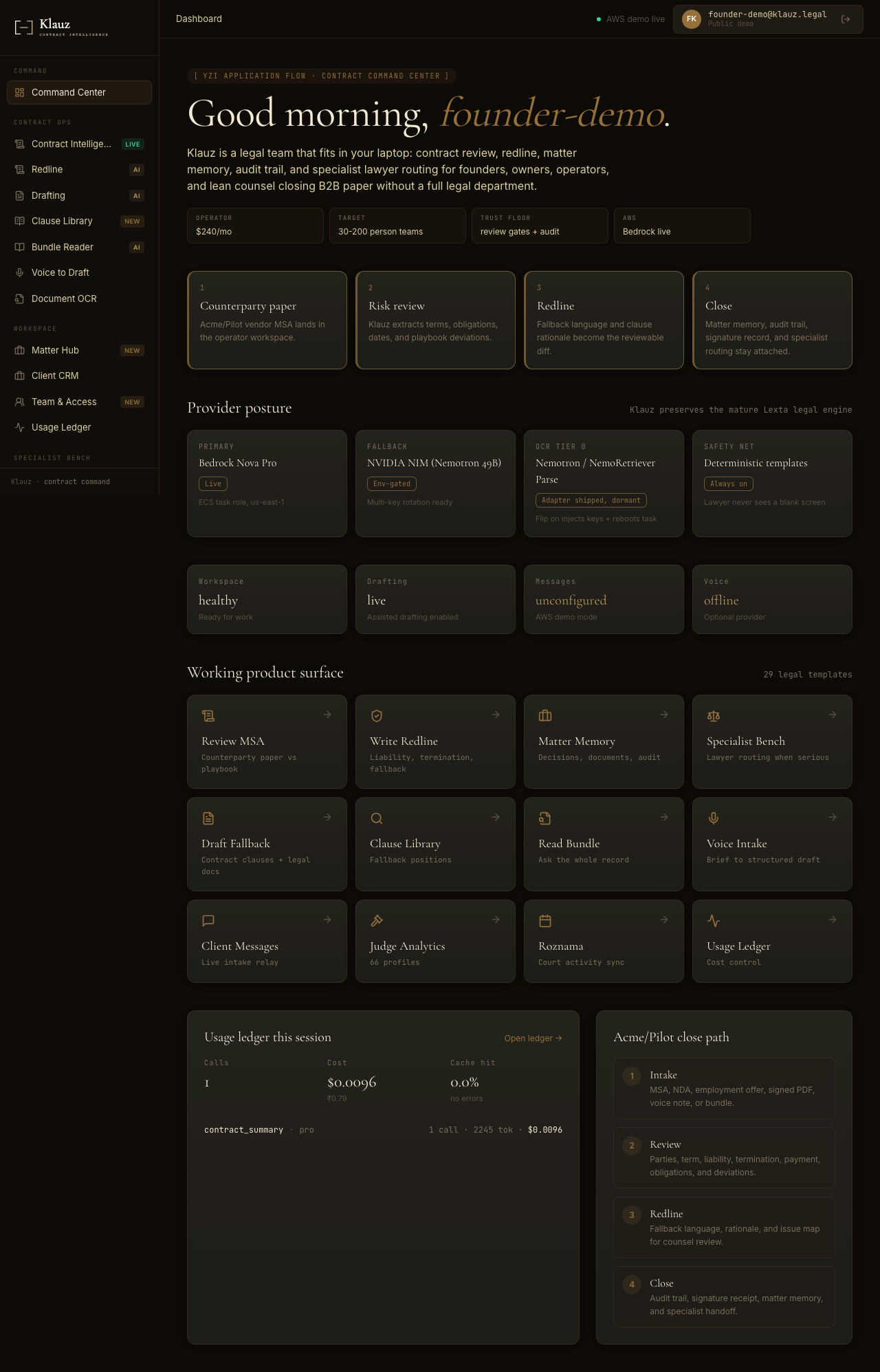 Klauz command center · matter queue and live reasoning posture